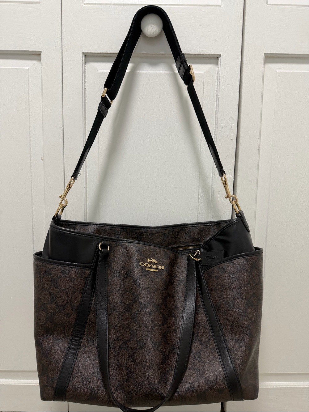 Coach Baby Bag in Signature Canvas with Black Leather Trim and Gold Hardware